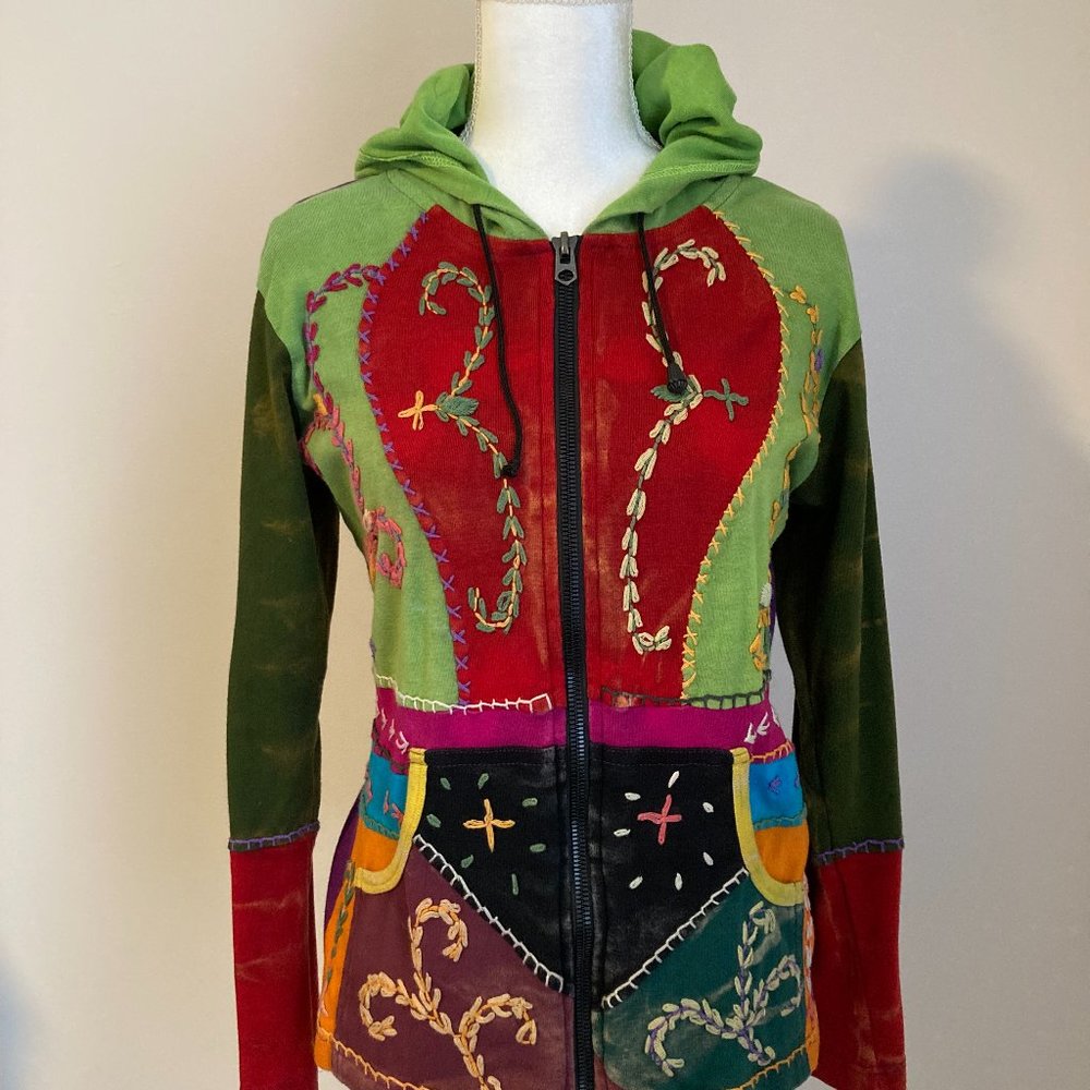 Hand Embroidered BOHO Hoodie, Size Large